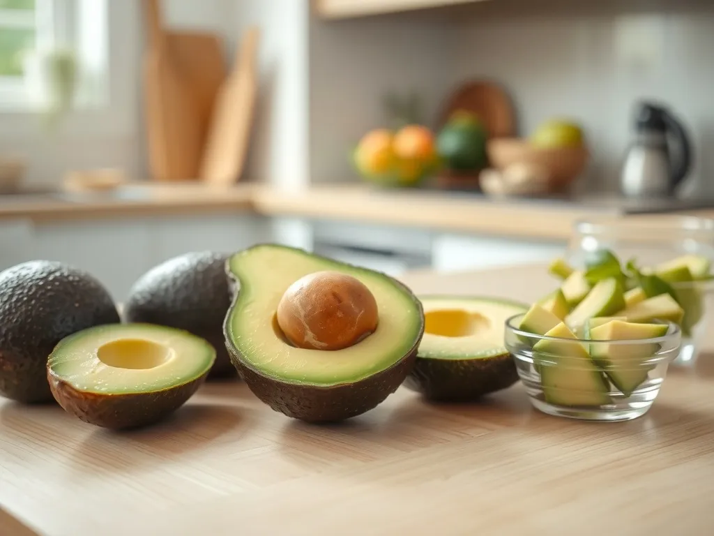 Świeże awokado pokrojone na blacie kuchennym, obok pojemnik na kawałki – ilustracja sposobu przechowywania owocu.