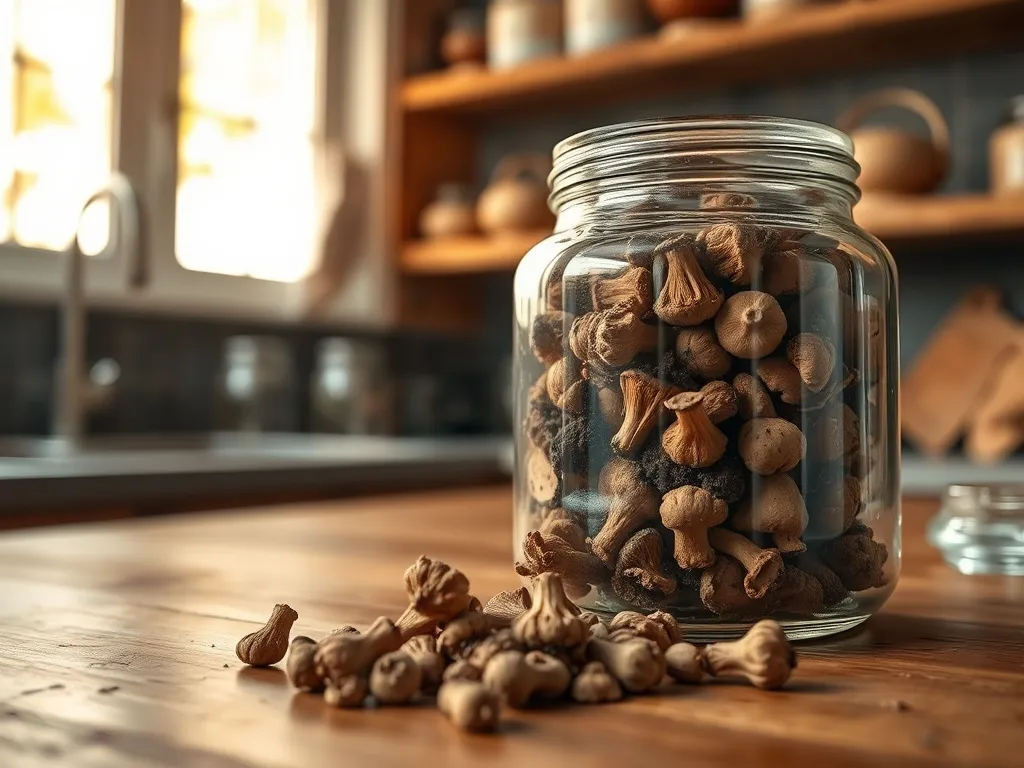 Słój z suszonymi grzybami na drewnianym blacie, obok rozsypane plastry, w tle kuchenne półki w ciepłym świetle.