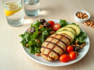 Kolorowy posiłek low carb: grillowany kurczak, awokado, warzywa i orzechy na talerzu, w tle woda z cytryną i migdały