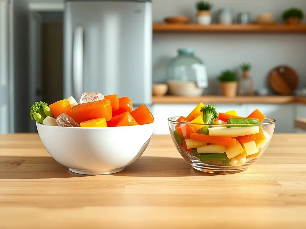 Dwa miski z kolorowymi warzywami mrożonymi i z puszki na blacie, porównanie ich wartości odżywczych