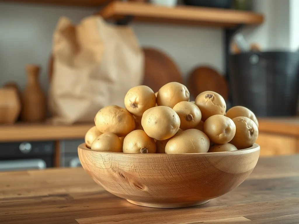Miseczka z surowymi ziemniakami na kuchennym blacie, w ciepłym świetle, ilustrująca przechowywanie ziemniaków w domu.