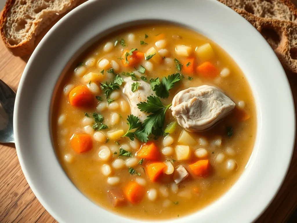 Miseczka kremowego krupniku z kaszą, warzywami i kurczakiem, obok kromka chleba na drewnianym stole w ciepłym świetle.