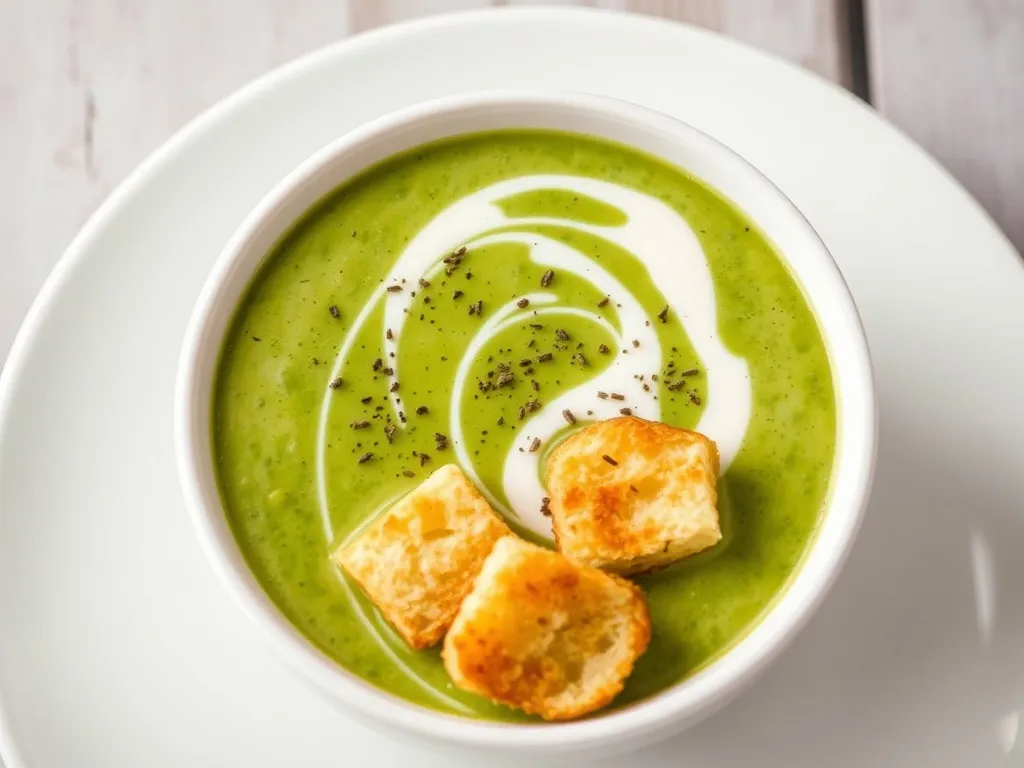Miska z zieloną zupą krem z brokułów z kleksem śmietany i grzankami czosnkowymi, podana jako propozycja podania dania.