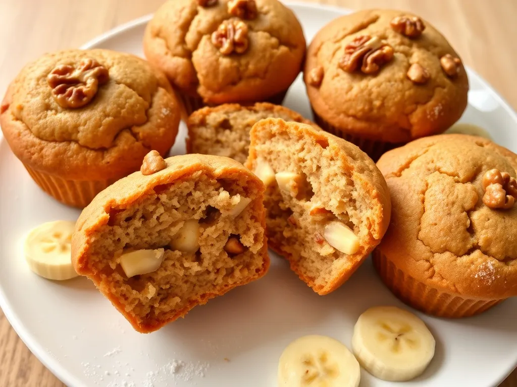 Złociste muffiny bananowe z orzechami na talerzu, jedna przekrojona, widać wilgotne wnętrze i dekorację z plastrów banana.