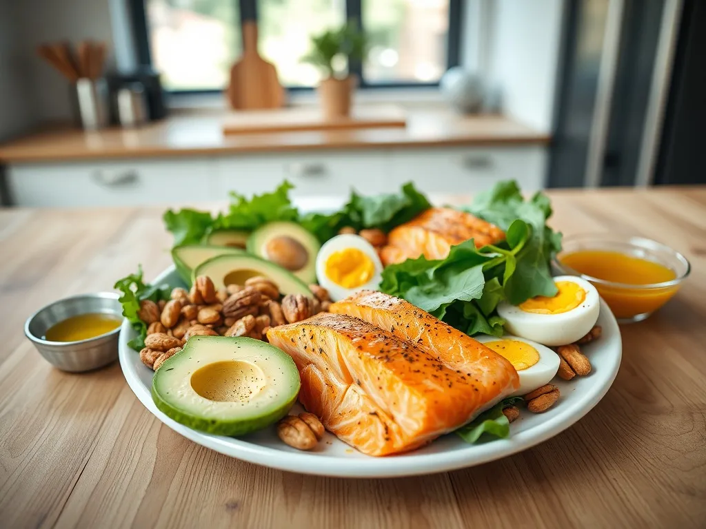 Talerz kolorowych potraw keto: łosoś, awokado, jajka, orzechy i zielenina na drewnianym stole w jasnej kuchni.