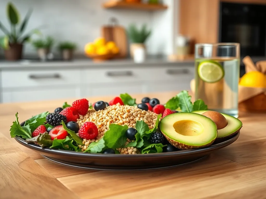 Kolorowy talerz warzyw, komosy, awokado i owoców z wodą z cytryną, ilustrujący zdrową dietę w stylu Adele.