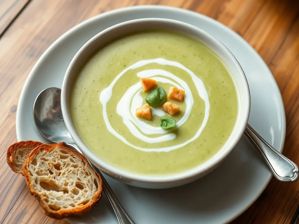 Kremowa zupa z cukinii w misce, ozdobiona śmietanką, grzankami i bazylią, podana z kromką chleba na drewnianym stole.