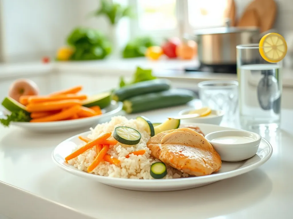 Talerz z lekkostrawnym posiłkiem: ryż, gotowane warzywa, pieczony kurczak, jogurt i woda z cytryną na jasnym stole kuchennym.
