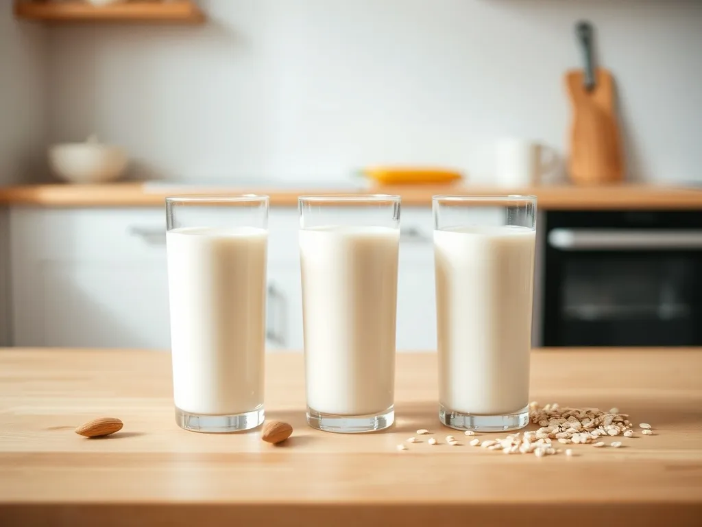Trzy szklanki mleka migdałowego, owsianego i sojowego na jasnym blacie, obok odpowiednie ziarna i orzechy
