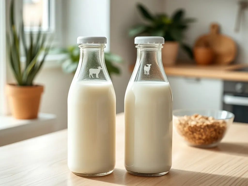 Dwie butelki mleka krowiego i koziego na jasnym blacie w kuchni, w tle miska musli i rośliny.