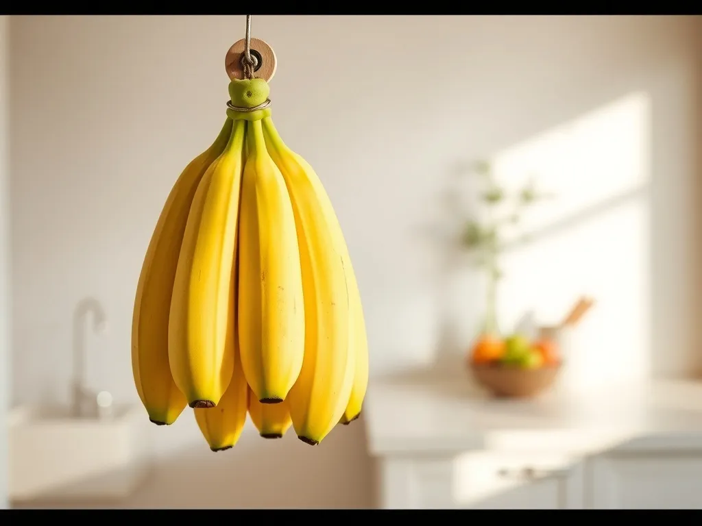 Kilka dojrzałych bananów wisi na drewnianym haczyku w jasnej kuchni, ukazując sposób przechowywania dla dłuższej świeżości.