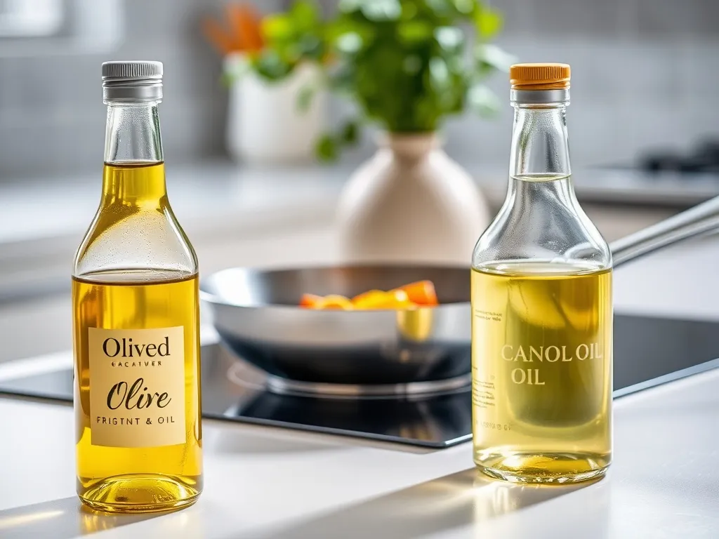 Butelki oliwy z oliwek i oleju rzepakowego obok patelni na płycie, sugerujące wybór tłuszczu do smażenia w kuchni.