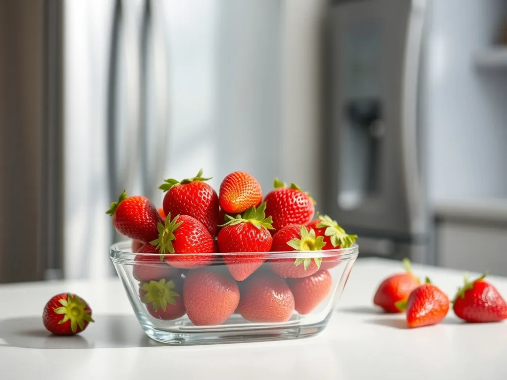 Świeże truskawki w szklanym pojemniku na blacie kuchennym, ilustracja sposobu przechowywania, by dłużej były jędrne.