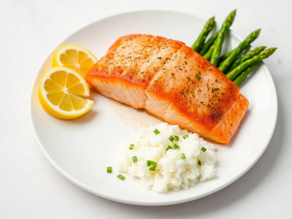 Filet pieczonego łososia z cytryną, szparagami i ryżem, podany jako propozycja eleganckiego obiadu z przepisu.