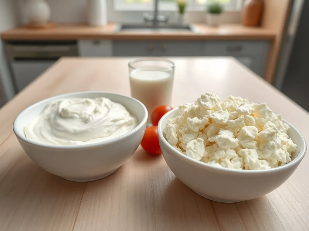 Dwa rodzaje twarogu w miseczkach – gładki i kruchy – obok mleka i warzyw, ilustrują porównanie twarogu chudego i tłustego.