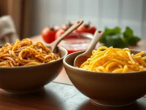 Dwa talerze makaronu: pełnoziarnisty i zwykły, z sosem pomidorowym pomiędzy, w domowej, przytulnej kuchni.
