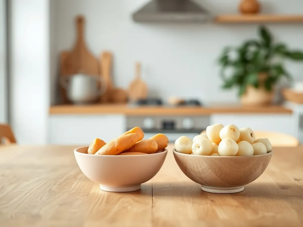 Dwa miski na drewnianym stole: w jednej surowe bataty, w drugiej ziemniaki, w jasnej, przytulnej kuchni.