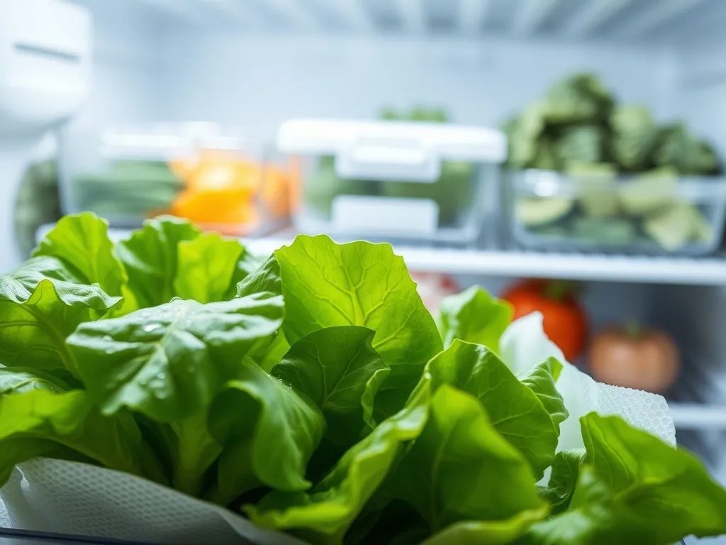 Świeże liście sałaty w pojemniku z ręcznikiem papierowym na półce lodówki, pokazujące sposób na dłuższe zachowanie świeżości.