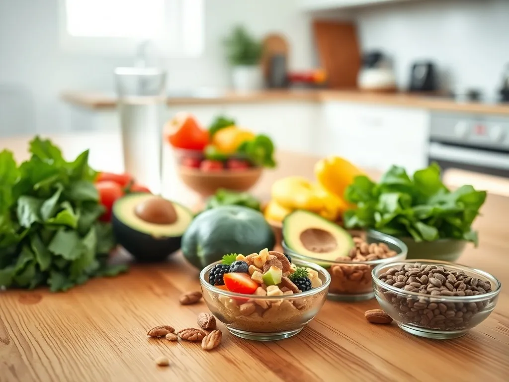 Zdrowe produkty o niskim indeksie glikemicznym na drewnianym blacie, ilustrujące zalecenia diety insulinowej