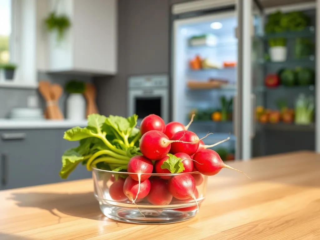 Świeże rzodkiewki w szklanym pojemniku z wodą na blacie kuchennym, na tle otwartej lodówki z warzywami.