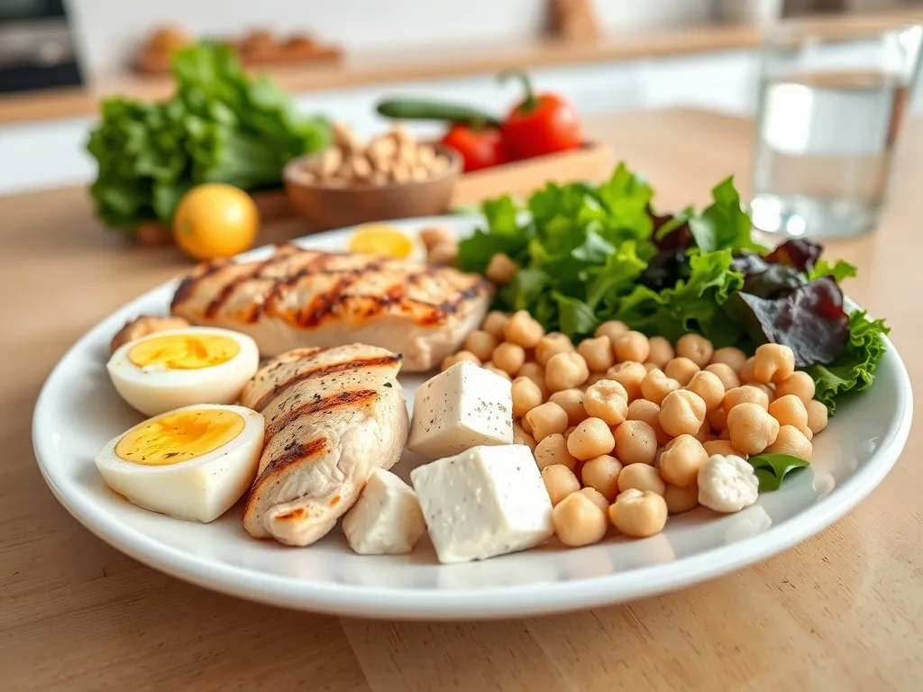Talerz z piersią z kurczaka, jajkami, tofu, ciecierzycą i sałatą jako przykładowy zestaw produktów na diecie białkowej.