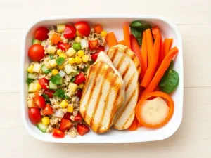 Zdrowy lunchbox do pracy z sałatką z komosy, grillowanym kurczakiem i świeżymi warzywami na drewnianym tle
