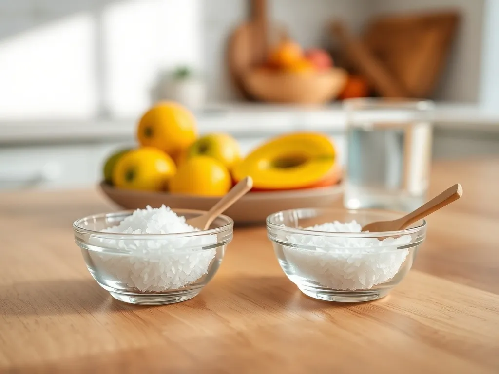 Dwie miseczki z kryształkami ksylitolu i erytrytolu na drewnianym stole, w tle owoce i szklanka wody.