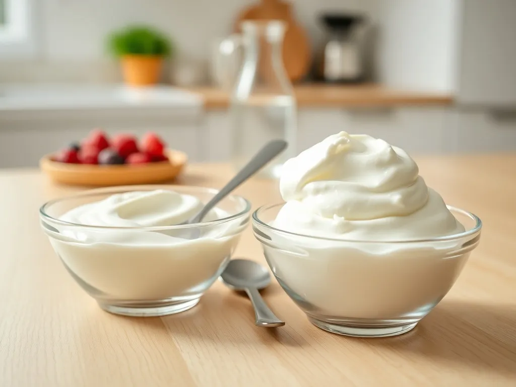 Dwie miseczki z jogurtem naturalnym i greckim obok siebie, ilustrujące porównanie ich wartości zdrowotnych