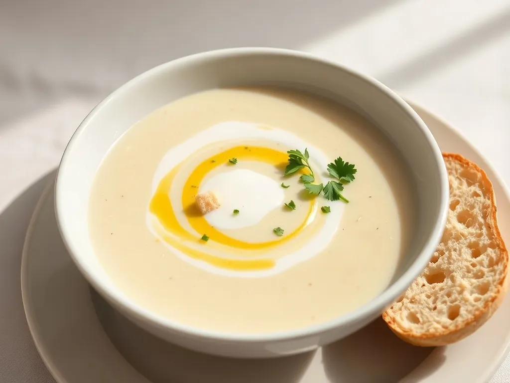 Kremowa zupa z białych warzyw z grzankami, śmietanką i oliwą, podana z kromkami rustykalnego pieczywa.