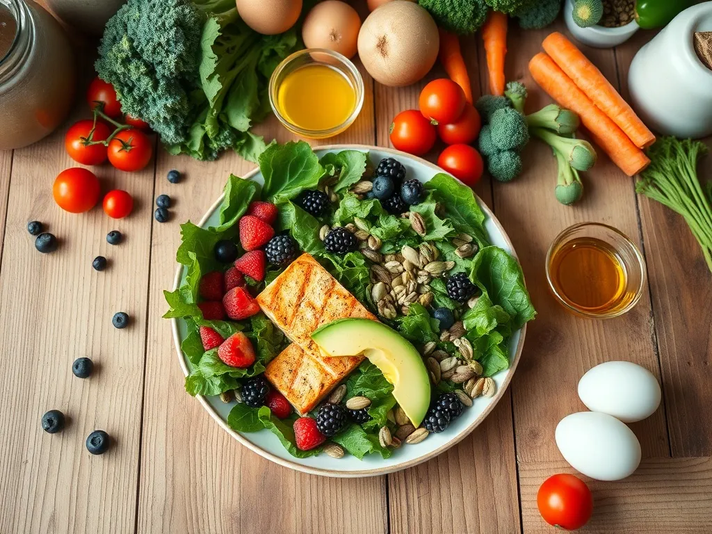 Talerz z kolorowymi produktami diety paleo: łosoś, warzywa, owoce i orzechy na drewnianym stole.