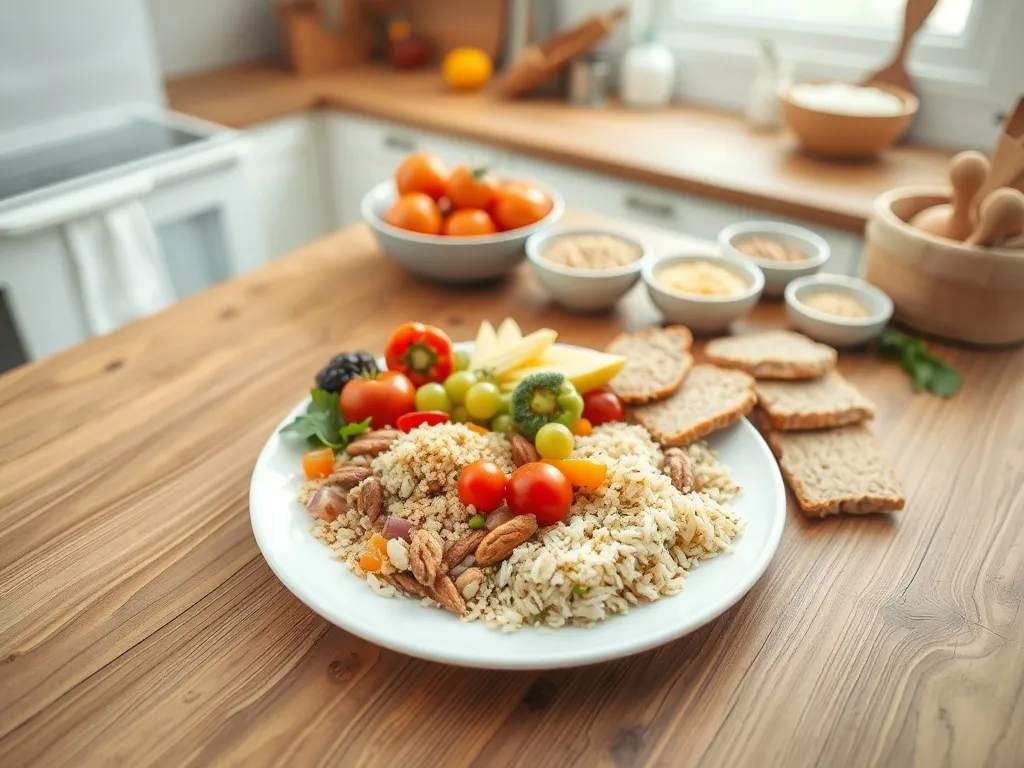 Talerz pełen kolorowych, naturalnych produktów bezglutenowych na drewnianym stole w jasnej, przytulnej kuchni.