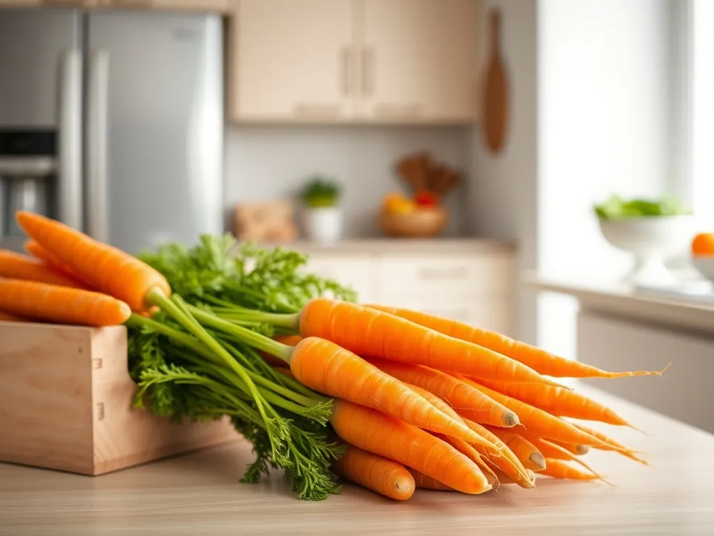 Świeże marchewki w skrzynce na blacie kuchennym, na tle otwartej lodówki, gotowe do długiego przechowywania.