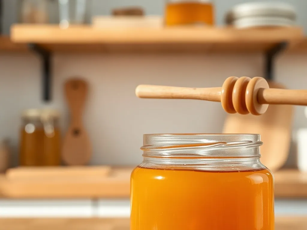 Słoik złocistego miodu z drewnianą łyżeczką na kuchennym blacie, w tle inne słoiki – domowe przechowywanie miodu.