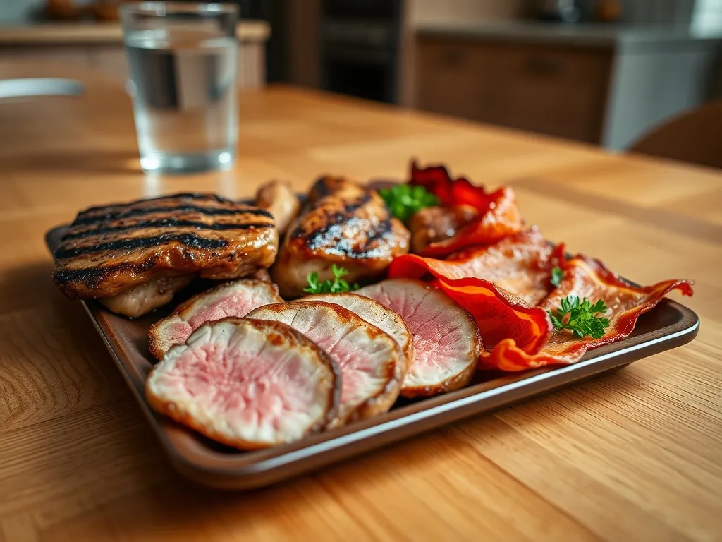 Talerz z grillowanym mięsem i boczkiem na drewnianym stole, obok zioła; ilustracja posiłku w diecie carnivore.