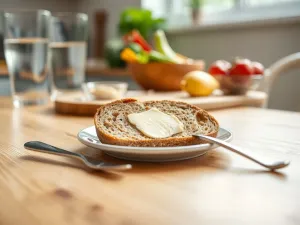 Kromka pełnoziarnistego chleba posmarowana w połowie masłem, w połowie margaryną, na tle jasnej, domowej kuchni.
