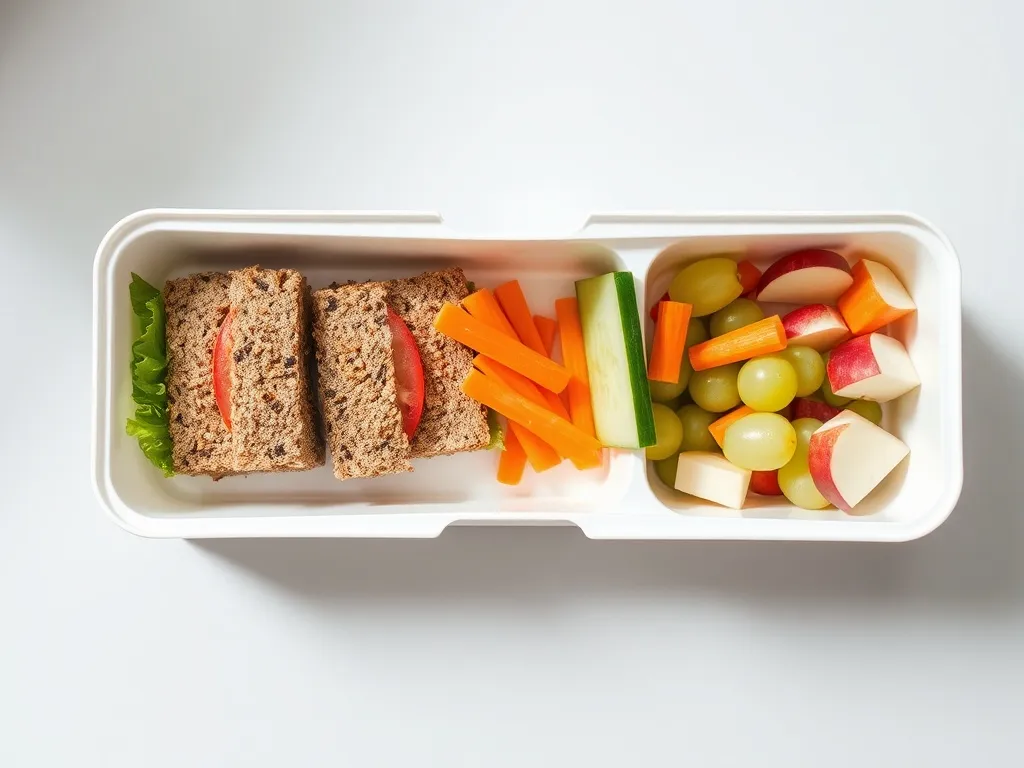 Kolorowy lunchbox do szkoły z pełnoziarnistymi kanapkami, warzywnymi słupkami oraz owocami jako zdrowy posiłek dla dziecka.