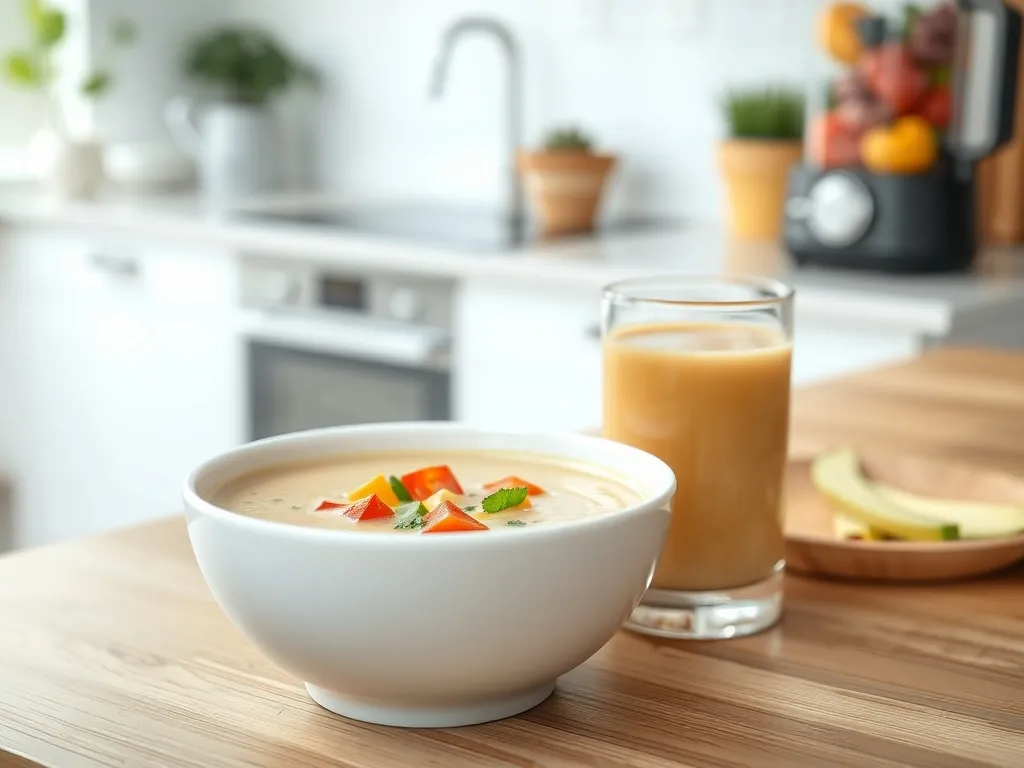 Miska kremowej zupy warzywnej i szklanka klarownego smoothie jako przykład posiłków na diecie płynnej