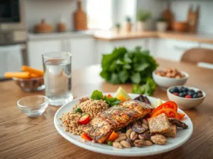 Talerz z warzywami, pełnymi ziarnami, orzechami i grillowaną rybą jako przykład zdrowego posiłku w diecie DASH