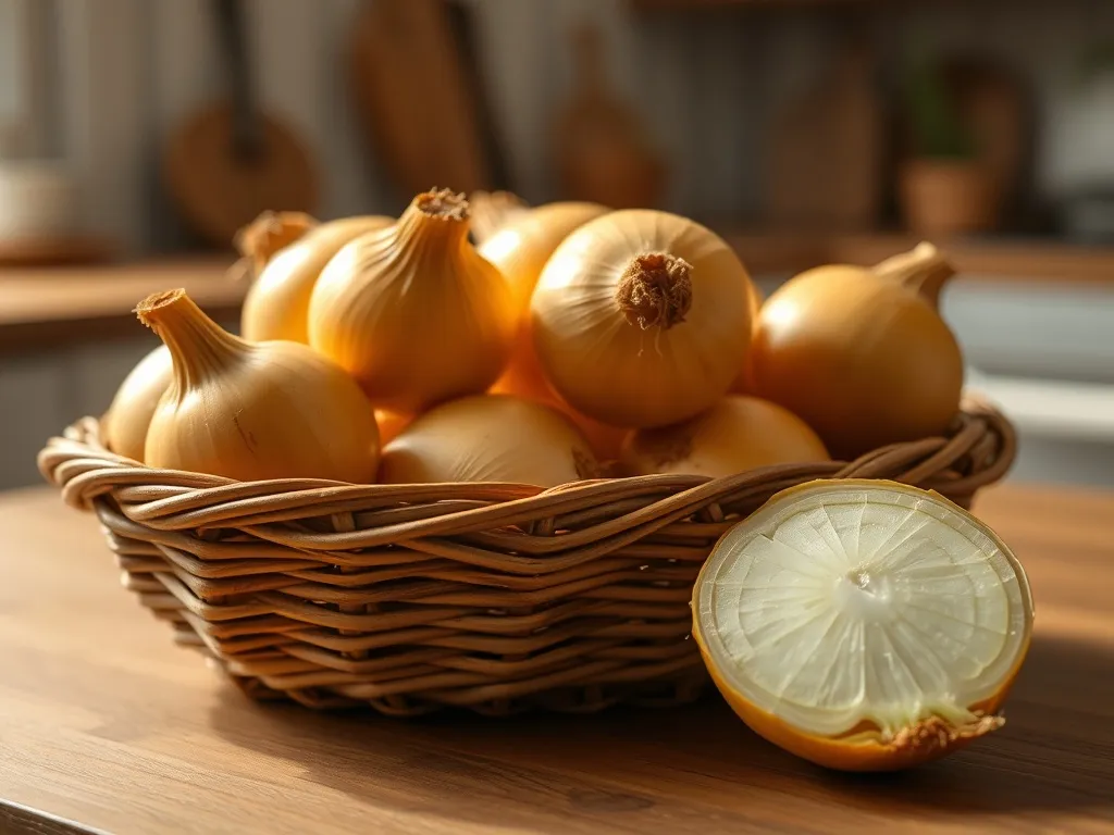 Kosz z żółtą cebulą na drewnianym blacie kuchennym, jedna cebula przekrojona – ilustracja do porad o przechowywaniu.