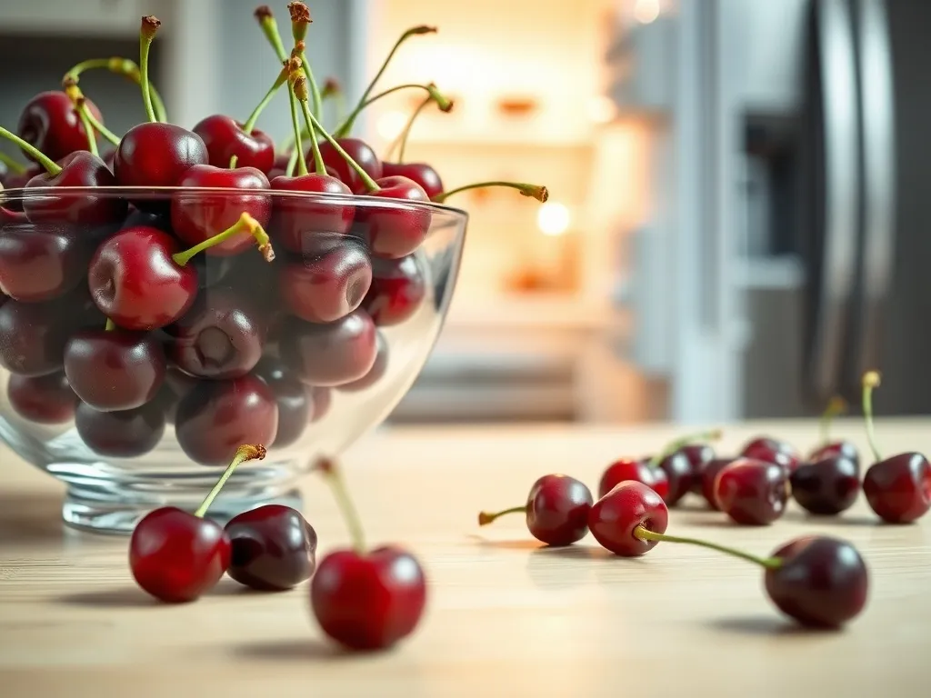 Miska świeżych czereśni na blacie kuchennym na tle otwartej lodówki, podkreślająca sposób przechowywania owoców.