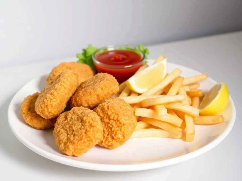 Chrupiące domowe nuggetsy z kurczaka z frytkami i ketchupem, podane na talerzu z sałatą i kawałkami cytryny.