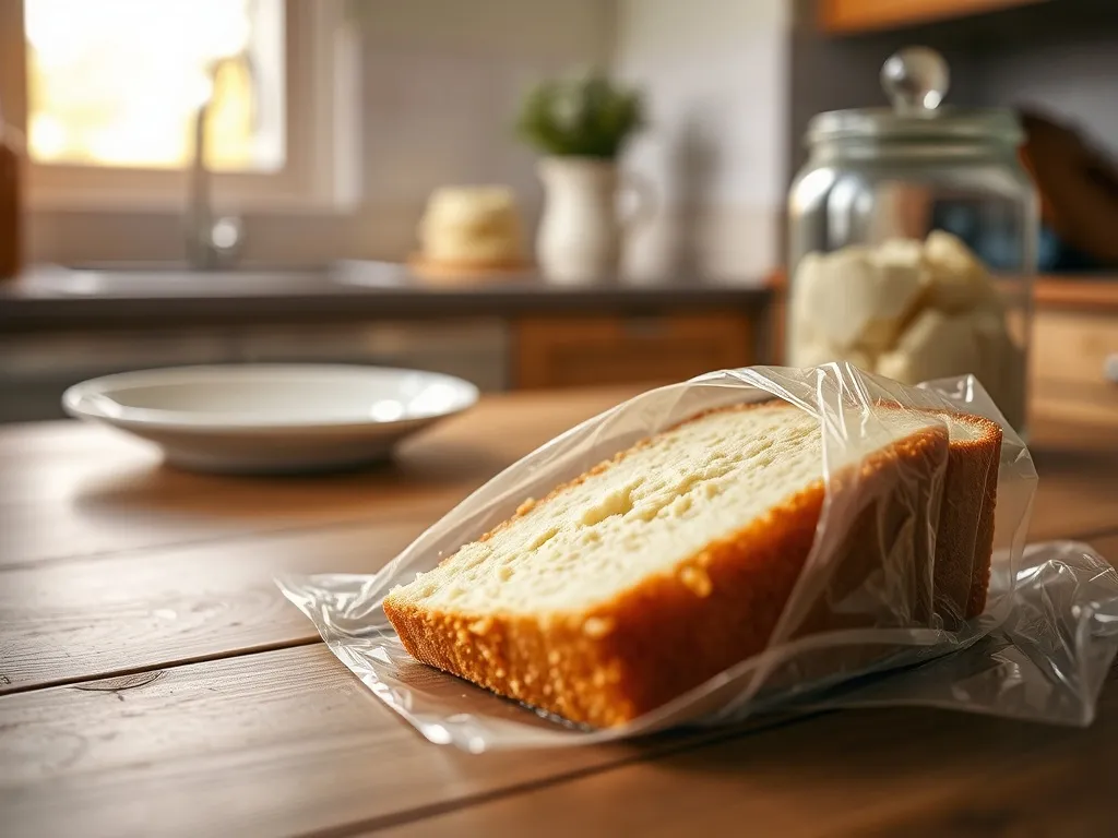 Biszkopt owinięty folią spożywczą na kuchennym blacie, pokazujący sposób przechowywania, by dłużej zachował świeżość.
