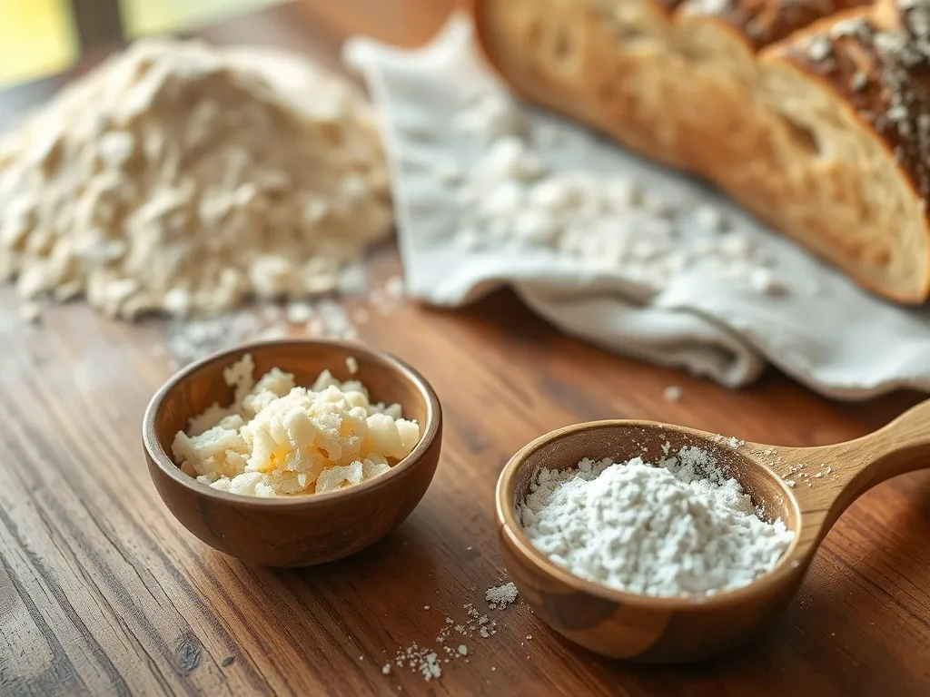 Świeże drożdże w miseczce obok suchych instant na drewnianym blacie, w tle mąka i rustykalny chleb – porównanie do pieczenia.