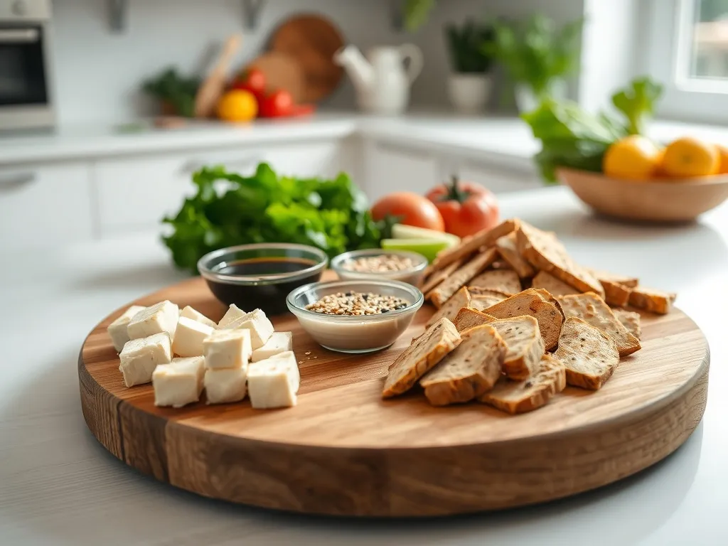 Pokrojone tofu i tempeh na desce, obok miseczki z sosem sojowym i sezamem, w jasnej, nowoczesnej kuchni.