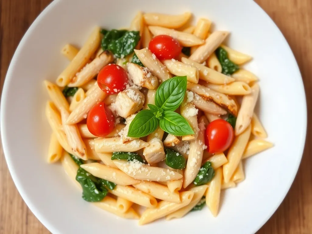 Kremowy makaron penne z grillowanym kurczakiem, pomidorkami, szpinakiem i parmezanem jako propozycja obiadu.