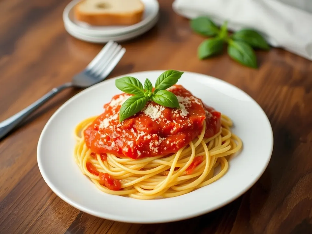 Talerz spaghetti z sosem pomidorowym, bazylią i parmezanem, idealny przykład gotowego dania z przepisu.