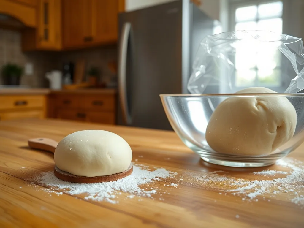 Kulka ciasta na pizzę i miska z ciastem pod folią na blacie kuchennym, pokazujące sposób przechowywania ciasta.