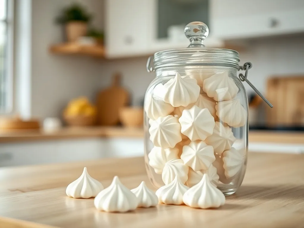 Szklany słoik z białymi, chrupiącymi bezami na blacie kuchennym, symbol szczelnego przechowywania po upieczeniu.