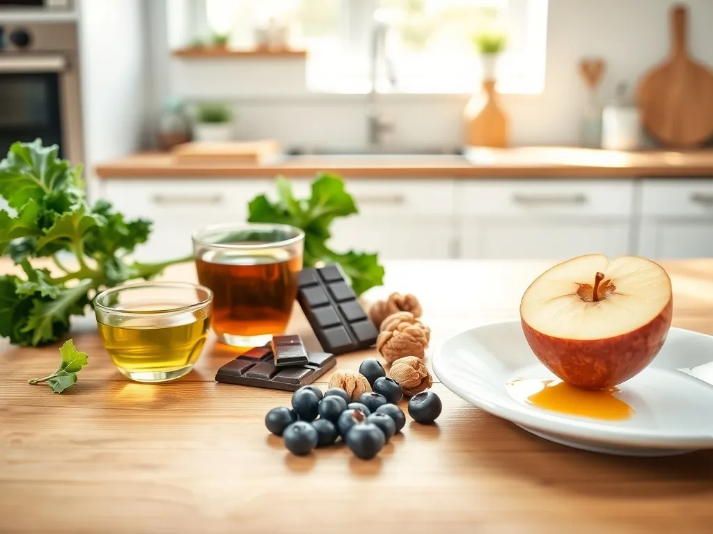 Składniki diety Sirtfood ułożone na drewnianym stole w jasnej kuchni, podkreślające zdrowy, minimalistyczny styl życia.
