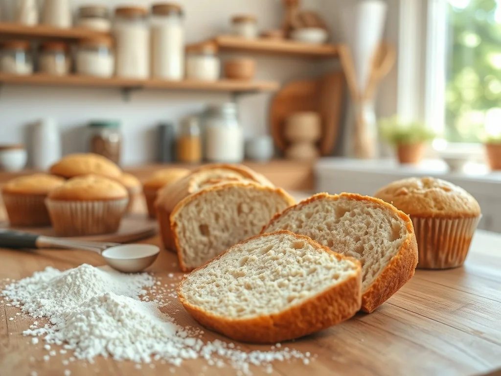 Bezglutenowy chleb i muffiny na blacie kuchennym, otoczone mąkami bezglutenowymi i przyborami do pieczenia, w ciepłym świetle.